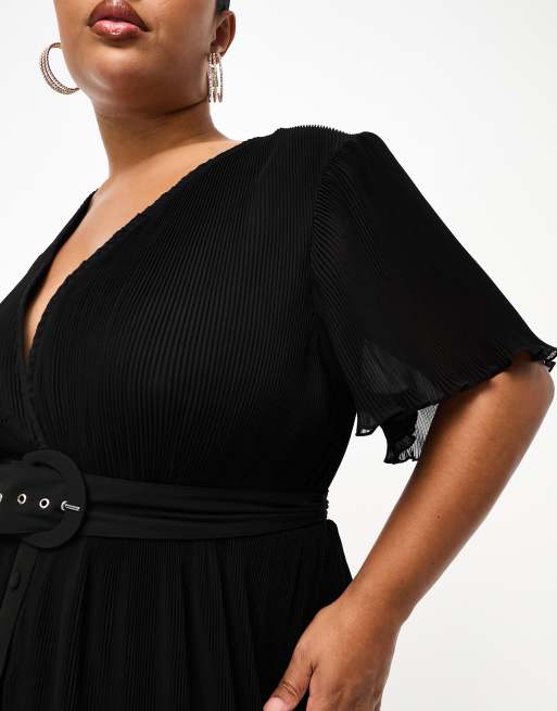 ASOS DESIGN Curve - Robe plissée mi-longue avec manches évasées et ceinture - Noir, 2 de 4