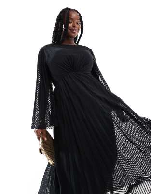 ASOS DESIGN Curve - Robe plissée mi-longue en mousseline à chevrons avec manches évasées et lien noué au dos - Noir - view 1