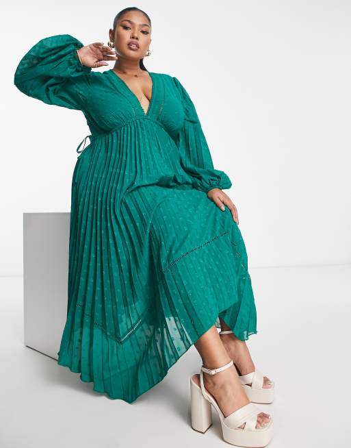 ASOS DESIGN Curve Robe pliss e mi longue en plumetis avec col V et bordures travaill es Vert for t