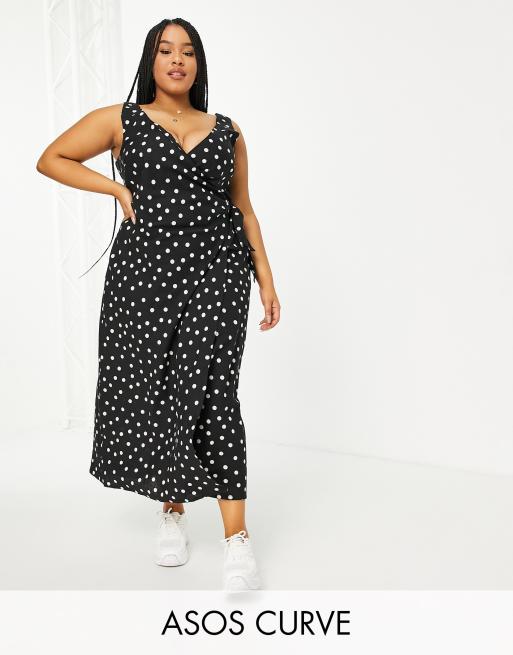 ASOS DESIGN Curve - Robe portefeuille longue en lin à pois - Noir et blanc
