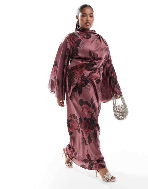 ASOS DESIGN Curve - Robe portefeuille longue en satin avec corsage drapé et manches kimono - Rose fleuri, 2 de 4