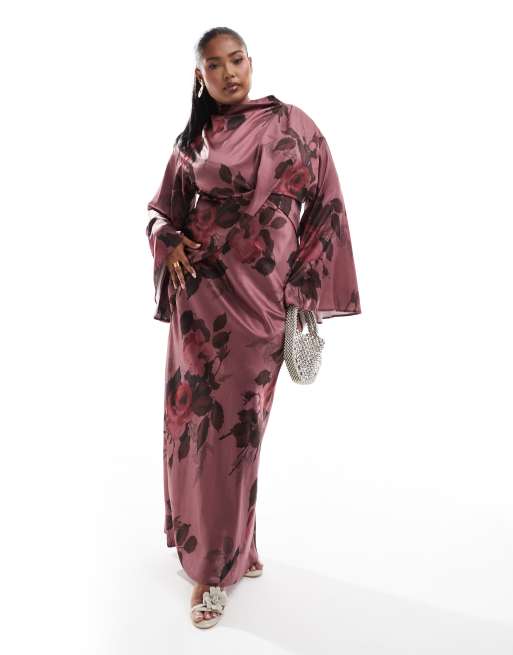 ASOS DESIGN Curve - Robe portefeuille longue en satin avec corsage drapé et manches kimono - Rose fleuri, 3 de 4