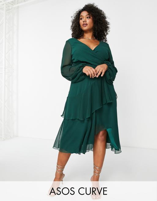 ASOS DESIGN Curve - Robe portefeuille mi-longue avec jupe double épaisseur - Vert forêt 