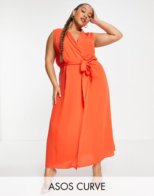 ASOS DESIGN Curve - Robe portefeuille mi-longue sans manches avec col et lien noué sur le devant - Orange