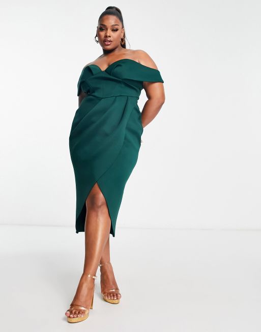 ASOS DESIGN Curve - Robe portefeuille mi-longue style corset à épaules dénudées - Vert forêt, 4 de 4