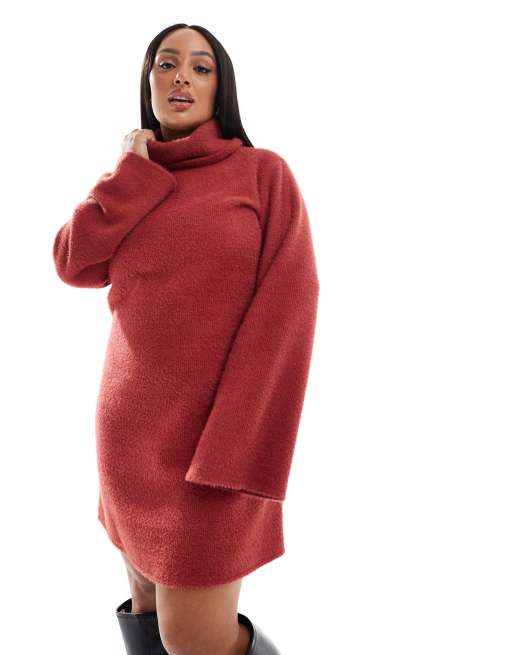 ASOS DESIGN Curve Robe pull courte a col roule en tissu duveteux ultra doux Rouille ASOS