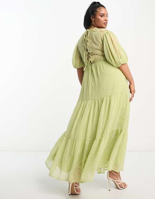 ASOS DESIGN Curve - Robe rétro longue en plumetis avec dos ouvert et empiècement en dentelle - Citron vert, 2 de 4