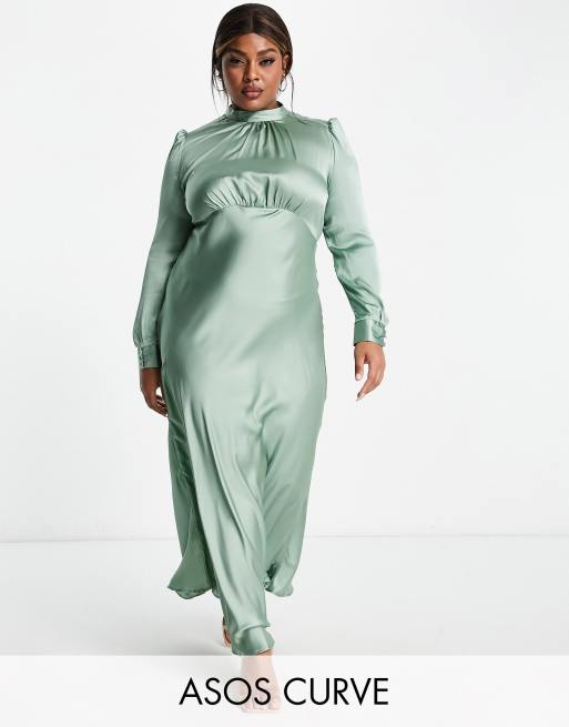 ASOS DESIGN Curve - Robe rétro longue en satin à encolure haute - Vert forêt