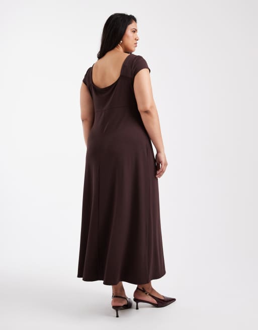 ASOS DESIGN Curve - Robe rétro mi-longue à mancherons - Chocolat, 4 de 4