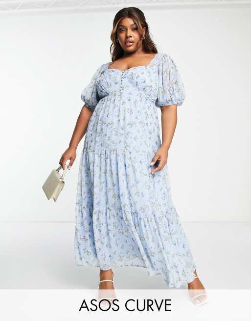 ASOS DESIGN Curve - Robe rétro mi-longue à petites fleurs avec empiècements  en dentelle - Bleu fleuri | ASOS