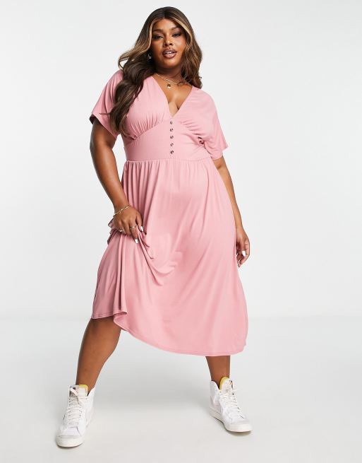 ASOS DESIGN Curve - Robe rétro mi-longue boutonnée et cintrée à la taille -  Vieux rose | ASOS