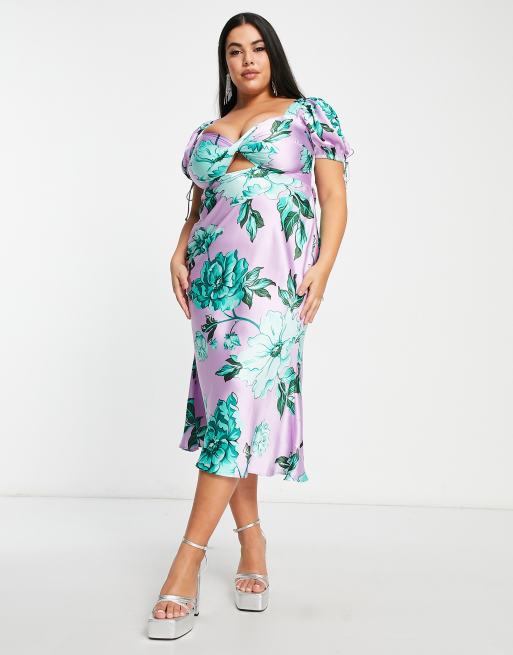 ASOS DESIGN Curve - Robe rétro mi-longue en satin torsadée devant avec imprimé fleurs - Lilas et vert, 4 de 4