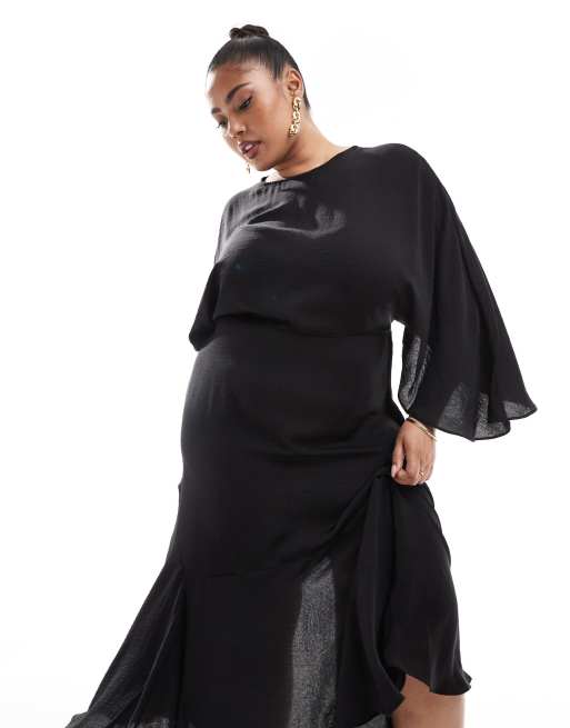 ASOS DESIGN Curve - Robe satinée mi-longue à ourlet asymétrique et manches évasées - Noir, 2 de 4