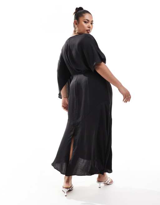ASOS DESIGN Curve - Robe satinée mi-longue à ourlet asymétrique et manches évasées - Noir, 3 de 4