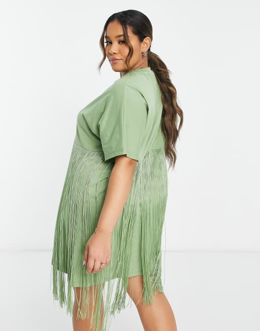 ASOS DESIGN Curve - Robe t-shirt courte à franges - Olive, 2 de 4