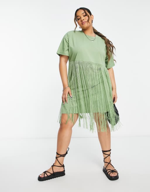 ASOS DESIGN Curve - Robe t-shirt courte à franges - Olive, 3 de 4