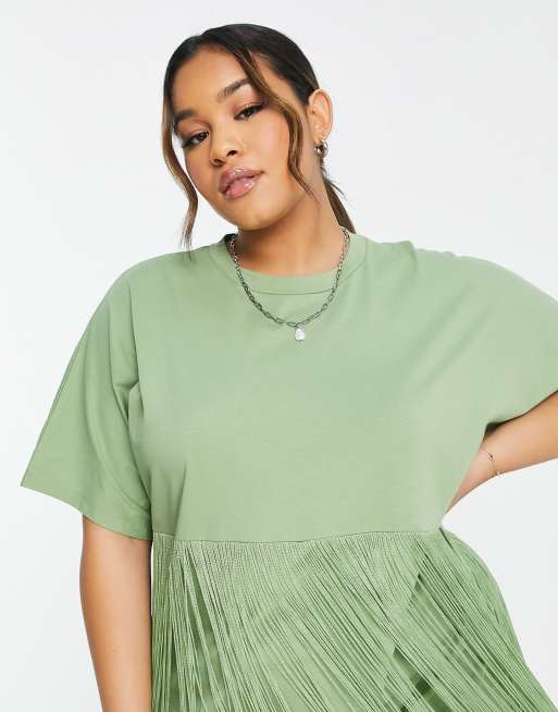 ASOS DESIGN Curve - Robe t-shirt courte à franges - Olive, 4 de 4
