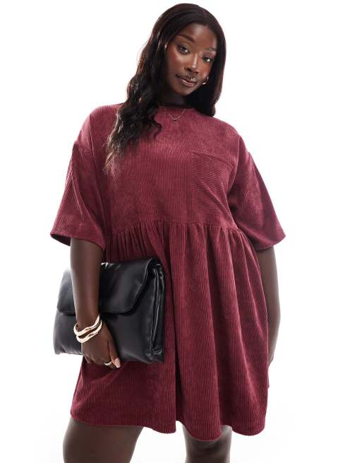 ASOS DESIGN Curve Robe t shirt courte en velours cotele Bordeaux ASOS