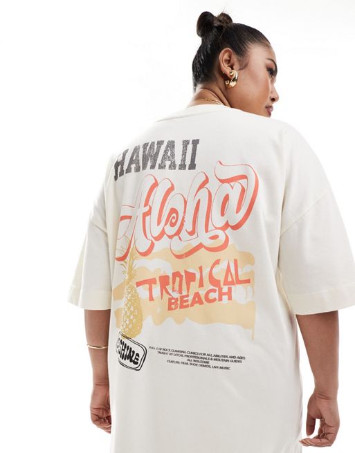 FhyzicsShops DESIGN Curve - Robe t-shirt courte et oversize à imprimé Aloha - Crème