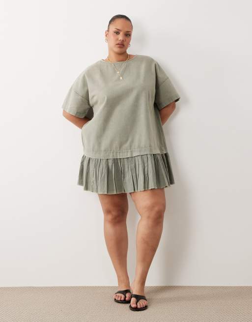 ASOS DESIGN Curve - Robe t-shirt courte hybride - Olive délavé, 2 de 4