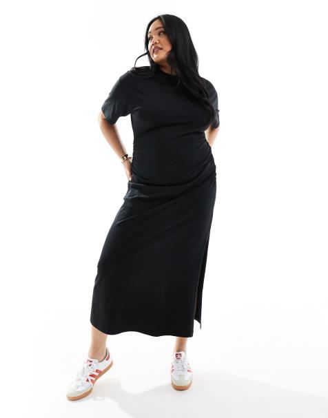 ASOS DESIGN Curve - Robe t-shirt longueur mollet à col ras de cou et fronces latérales - Noir - view 1