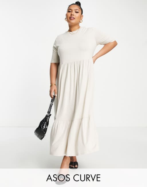 ASOS DESIGN Curve - Robe t-shirt mi-longue à smocks et volants étagés - Taupe