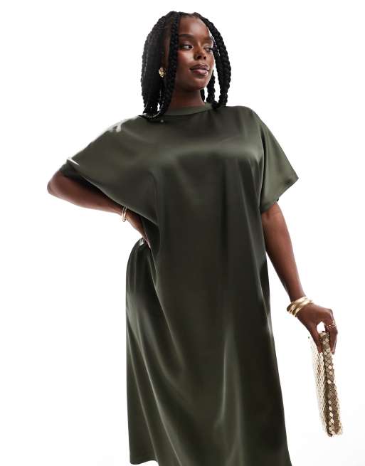 ASOS DESIGN Curve Robe t shirt mi longue et oversize en satin Kaki ASOS