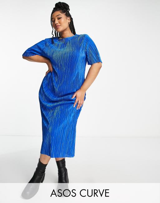 ASOS DESIGN Curve - Robe t-shirt mi-longue plissée - Bleu