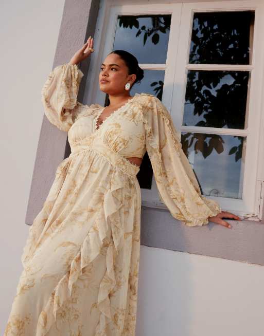 ASOS DESIGN Curve - Robe volantée mi-longue à imprimé fleuri avec découpe et empiècement en dentelle, 4 de 4