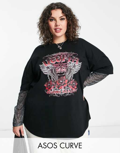 ASOS DESIGN Curve rock tee with mesh insert snake print sleeves graphic
