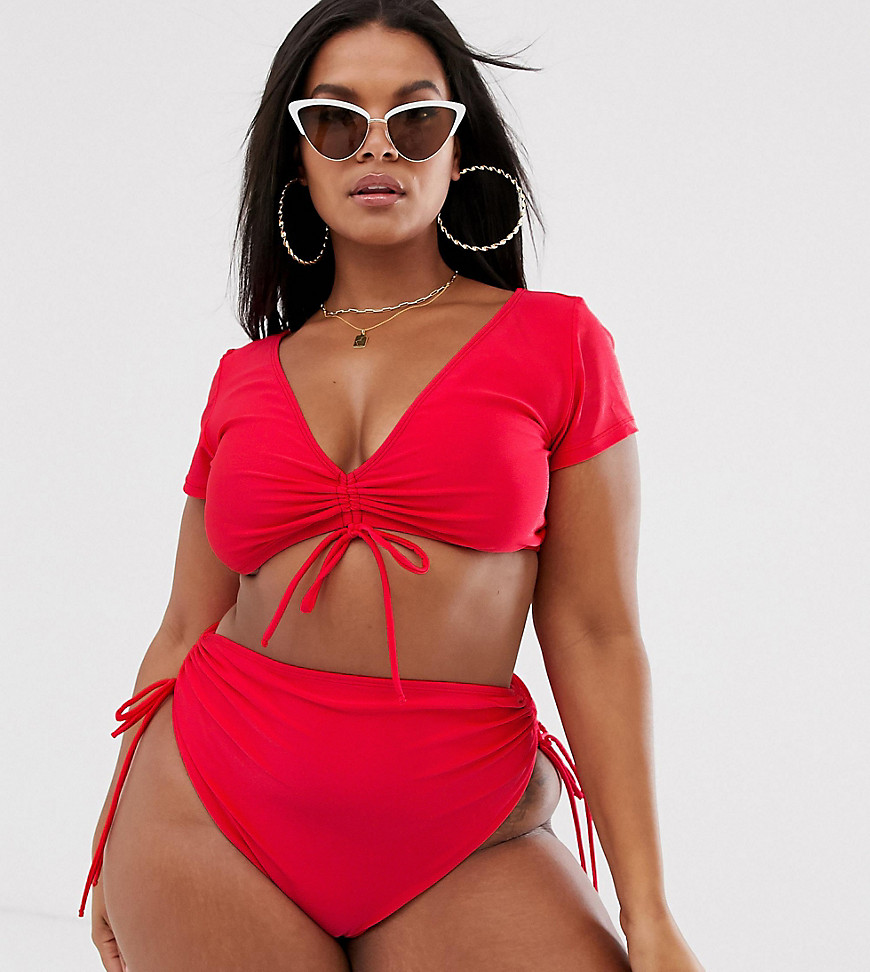 ASOS DESIGN Curve – Röd bikiniunderdel med hög benskärning, hög midja och rynkade sidor