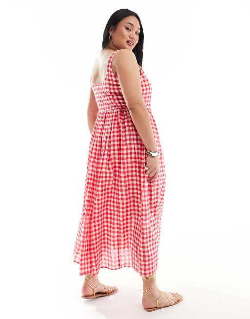 ASOS DESIGN Curve – Röd, ginghamrutig midi-sundress i voile och picknickstil, 2 av 4