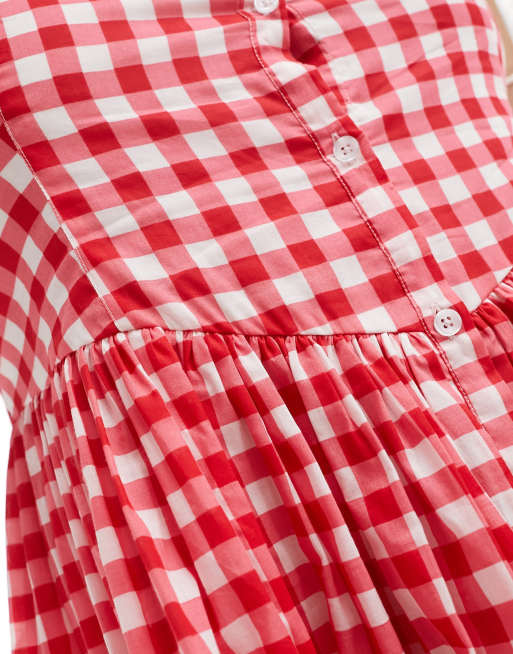 ASOS DESIGN Curve – Röd, ginghamrutig midi-sundress i voile och picknickstil, 3 av 4