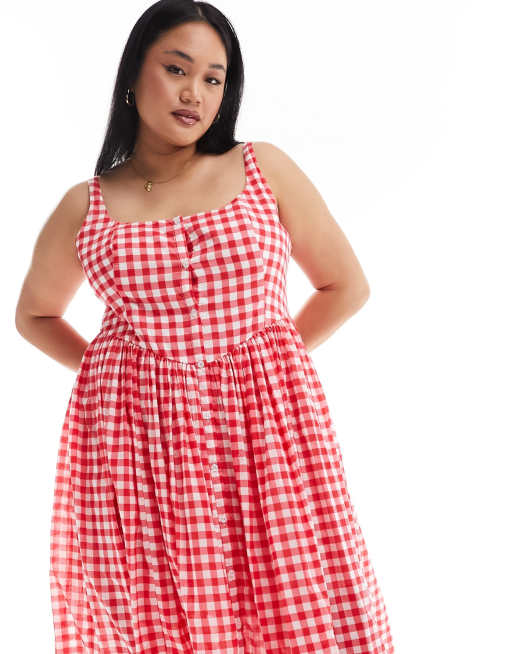 ASOS DESIGN Curve – Röd, ginghamrutig midi-sundress i voile och picknickstil, 4 av 4