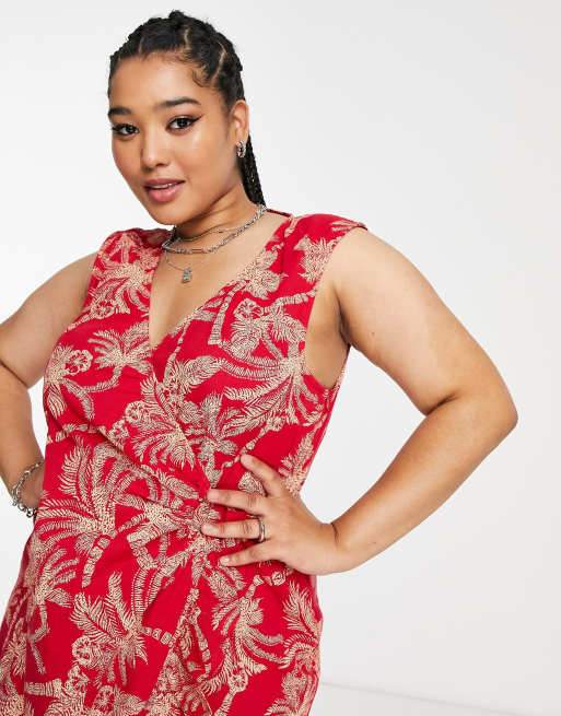 ASOS DESIGN Curve – Röd, krinklad, palmmönstrad sommarklänning i midilängd med omlottdesign, 3 av 4