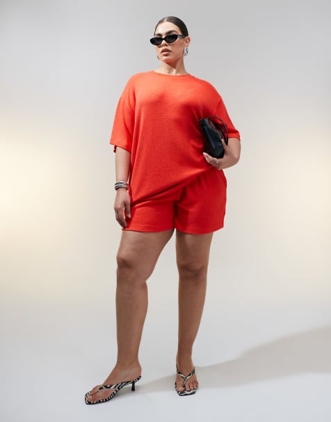 ASOS DESIGN Curve – Röda, strukturstickade shorts, del av set - view 1