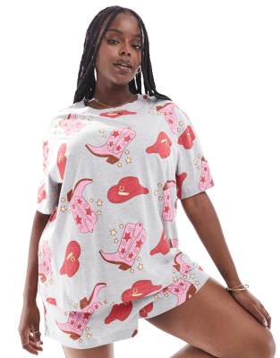Asos Design Curve Rodeo Oversized Tee & Short Pyjama Set In Grey Marl