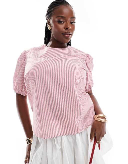 ASOS DESIGN Curve – Rödrandig topp i bomull med puffärmar