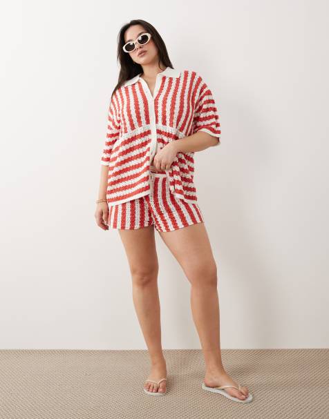 ASOS DESIGN Curve – Rödrandiga, stickade strandshorts, del av set - view 1