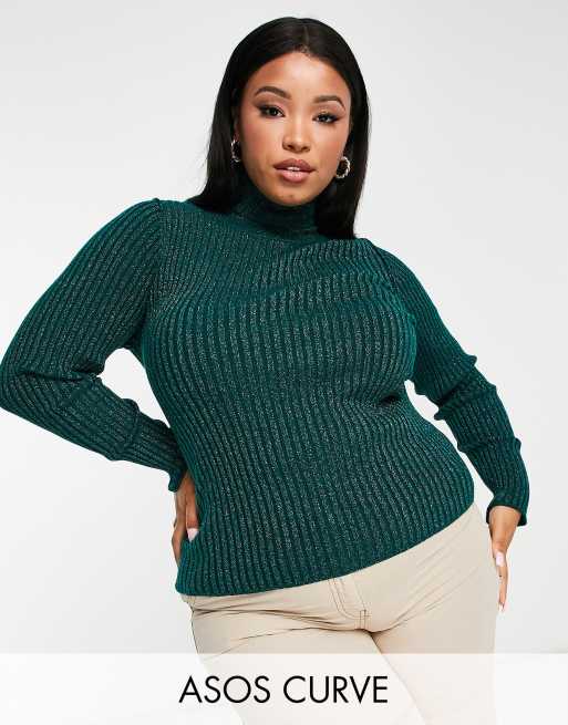 ASOS DESIGN Curve roll neck jumper in rib in dark green metallic yarn