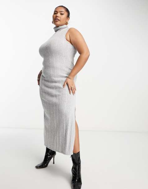 ASOS DESIGN Curve roll neck sleeveless midi dress in supersoft rib in gray  - view 1