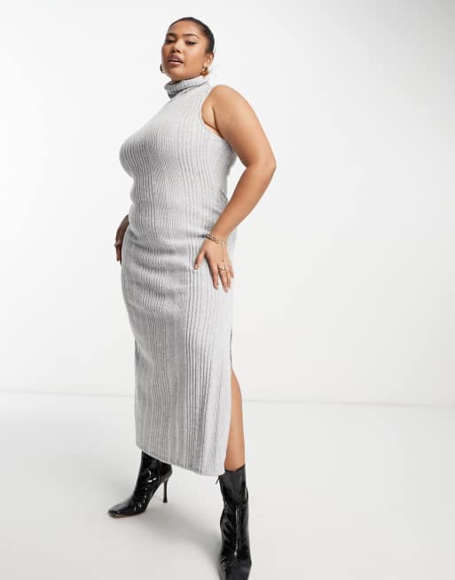 ASOS DESIGN Curve roll neck sleeveless midi dress in supersoft rib in gray 