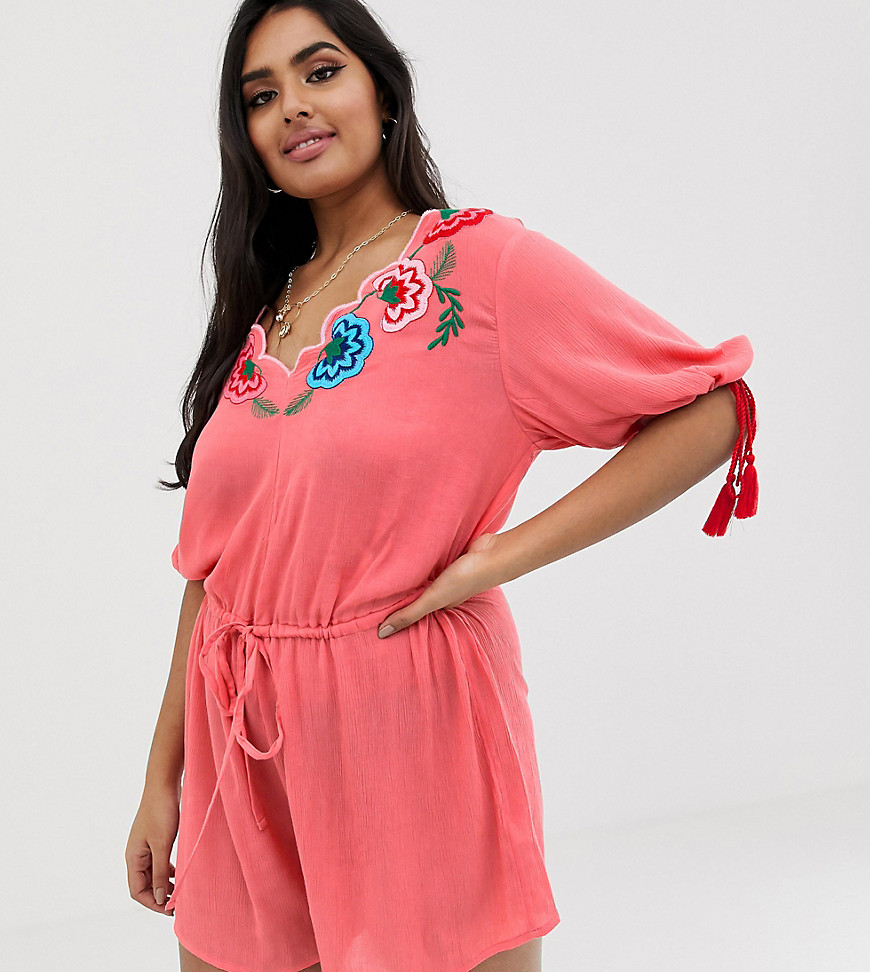 Asos Curve Asos Design Curve Romper With Embroidery And Tie Sleeve Detail-multi