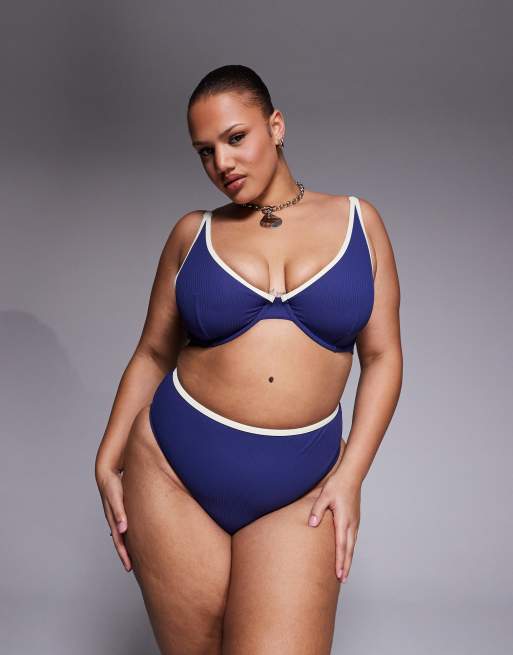ASOS DESIGN Curve – Ronnie – Gerippter Bikini in Marineblau und Cremeweiß mit Kontrasteinfassung, 2 von 3