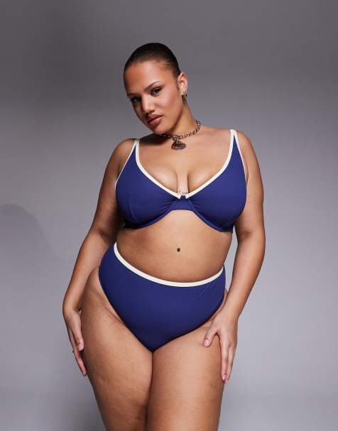 ASOS DESIGN Curve Ronnie rib contrast binding Azores high leg high waist bikini bottom in navy and cream