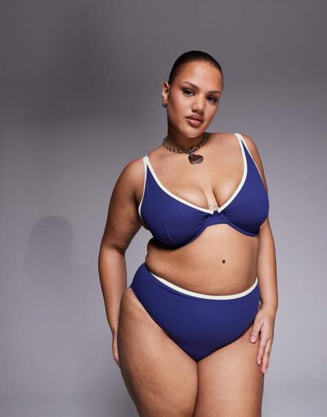ASOS DESIGN Curve Ronnie ribbed contrast binding bikini in navy and cream - view 1