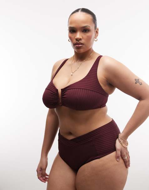 ASOS DESIGN Curve – Rory – Bärröd, ribbad bikini med kluven design - view 1