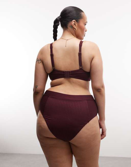 ASOS DESIGN Curve - Rory - Bas de bikini taille haute effet croisé sur le devant en tissu côtelé effet coupé-cousu - Baie, 4 de 4