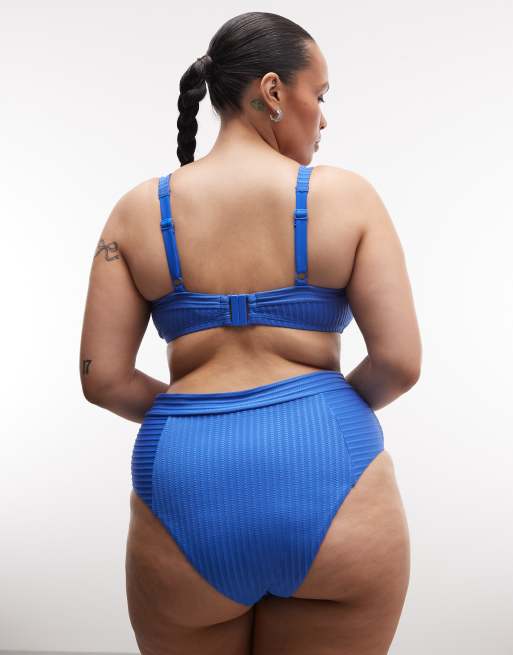 ASOS DESIGN Curve - Rory - Bas de bikini taille haute effet croisé sur le devant en tissu côtelé effet coupé-cousu - Bleu, 2 de 4