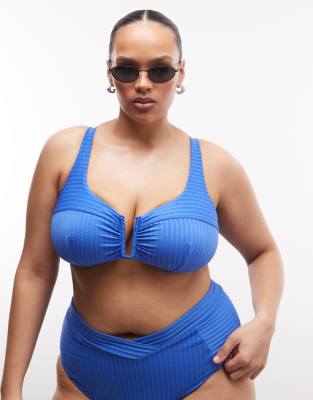 ASOS DESIGN Curve - Rory - Bikinioberteil in Blau mit geteilter Rippung und V-Bügel